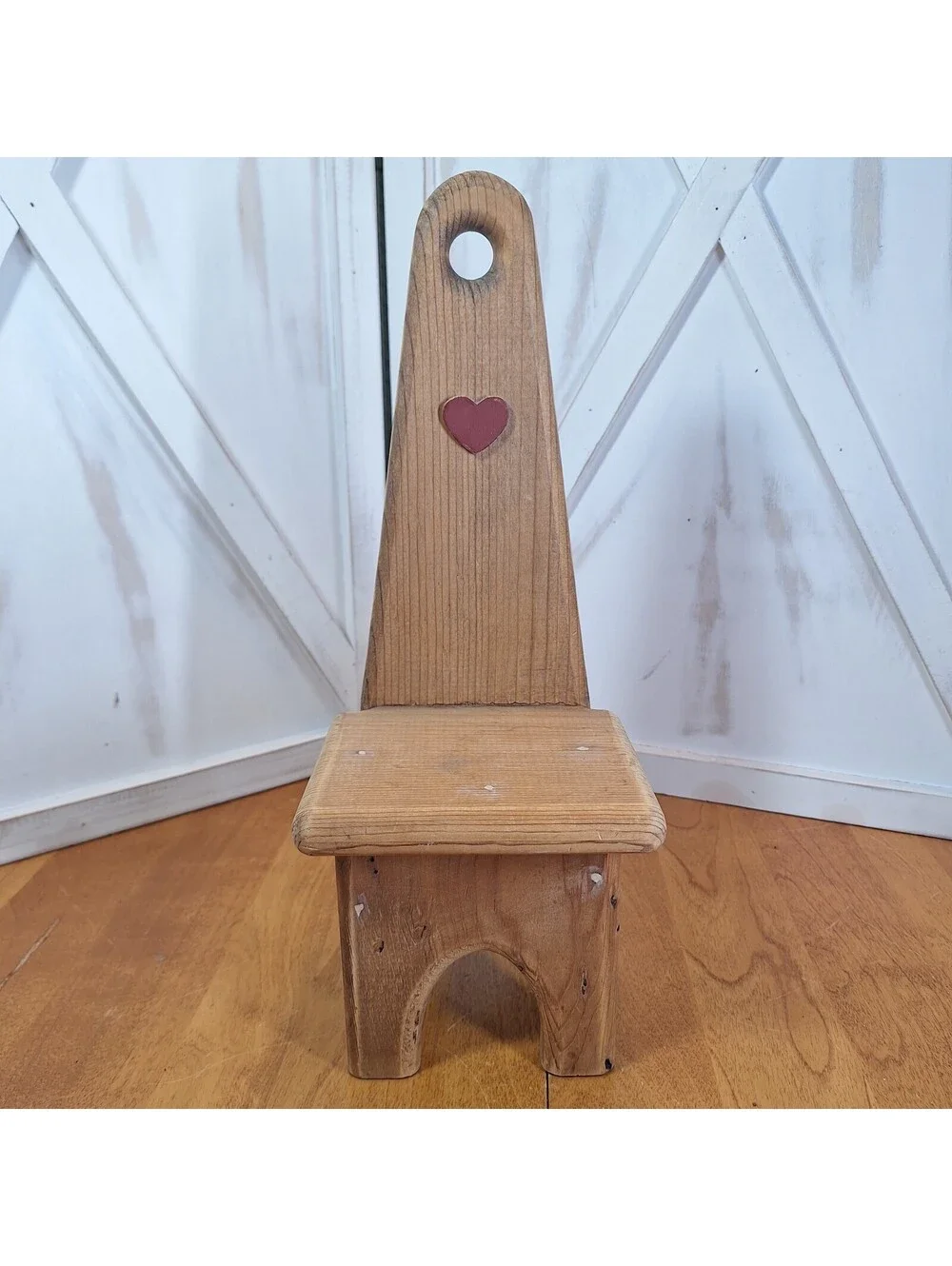 VTG Cottage Core Solid Wood Heart Doll Sized Wooden Chair 14
